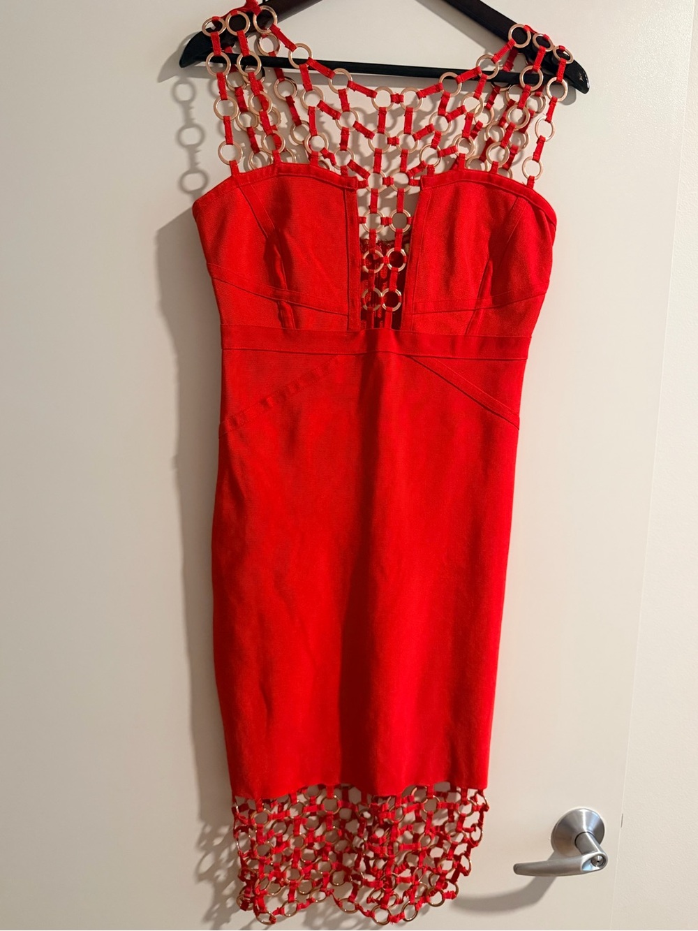 WOW couture Red Midi Sheath Dress with Chain-Link Trim
